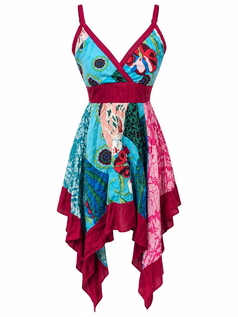 Sleeveless Patchwork Handkerchief Dress in Teal & Magenta